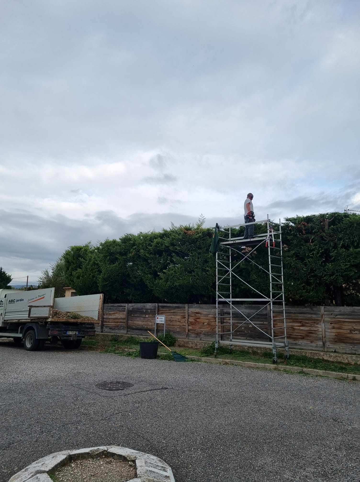 Taille de haies depuis un échaffaudage