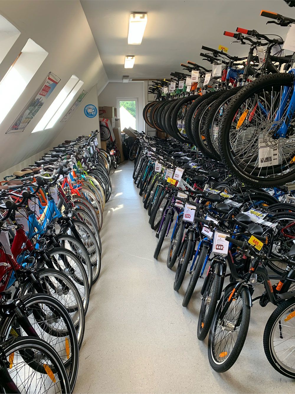 Reihen von Fahrrädern in einem Fahrradladen, ein schmaler Gang trennt die Fahrräder, einige bunt, unter hellem Licht.