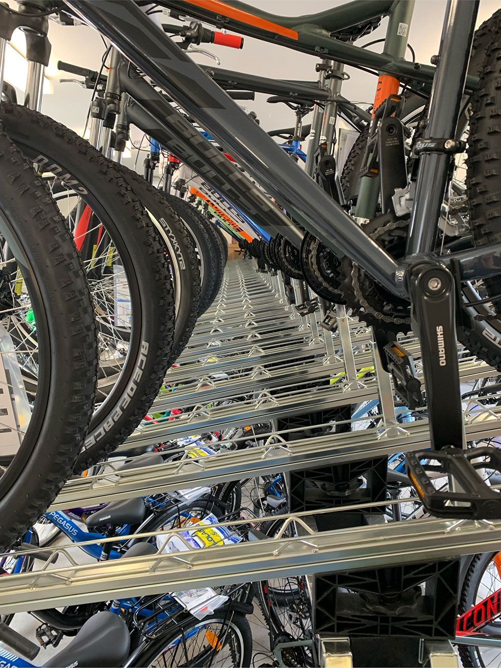 In einem Einzelhandelsgeschäft hängen Fahrräder an Deckenhalterungen.