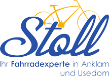Blaues und goldenes Logo f&uuml;r &bdquo;Stoll&ldquo;, ein Fahrradgesch&auml;ft, mit einer Fahrradillustration.