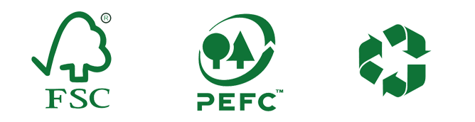 Se muestran tres logotipos de FSC, PEFC y reciclaje sobre un fondo blanco.
