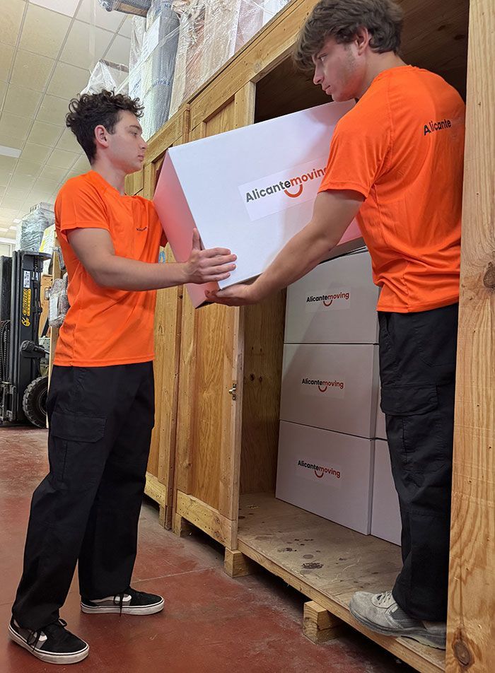 Cajas de cartón apiladas en estantes y un armario, posiblemente para almacenamiento o mudanza.