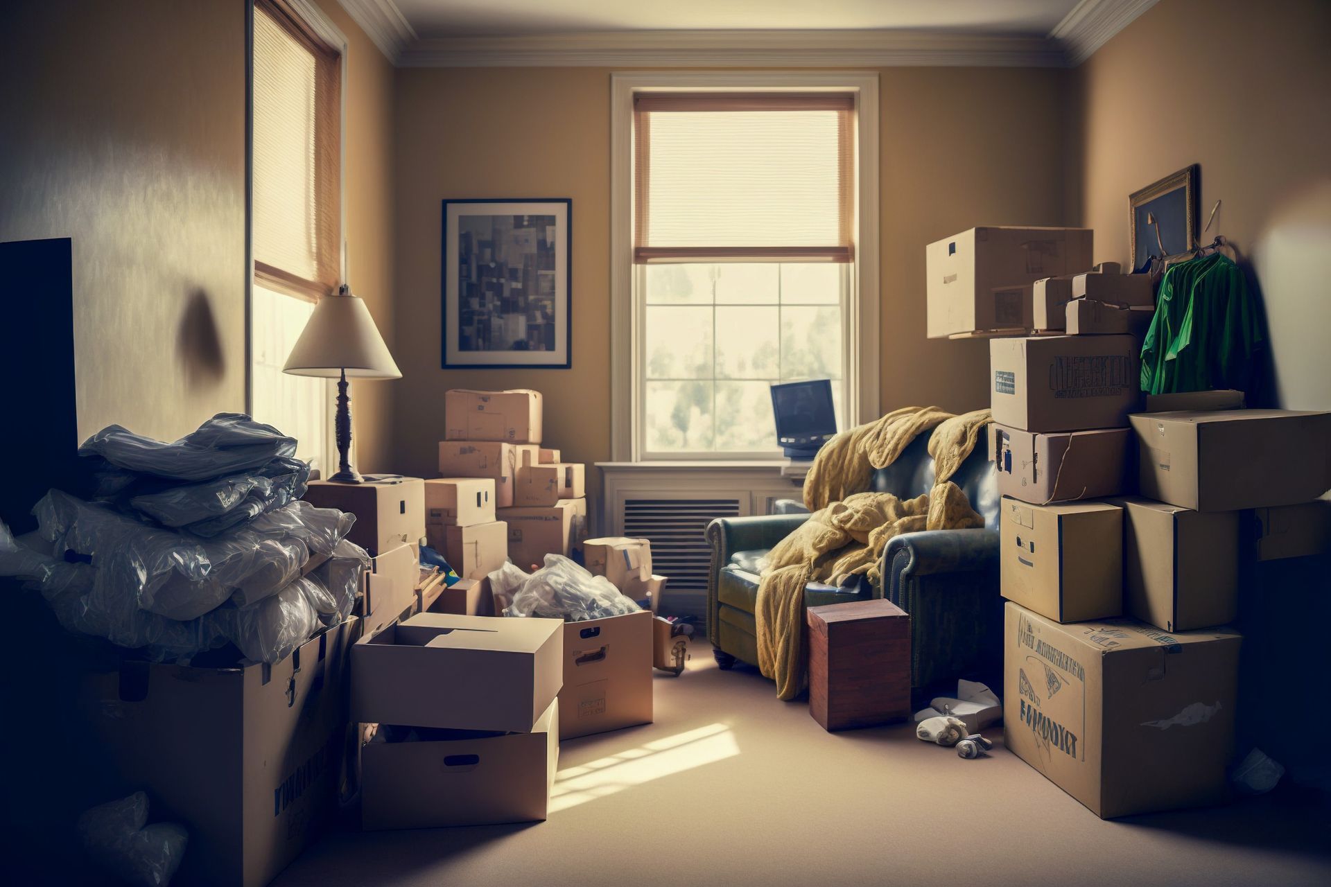 Una habitación llena de cajas de mudanza, muebles y materiales de embalaje. La luz entra a raudales por la ventana.