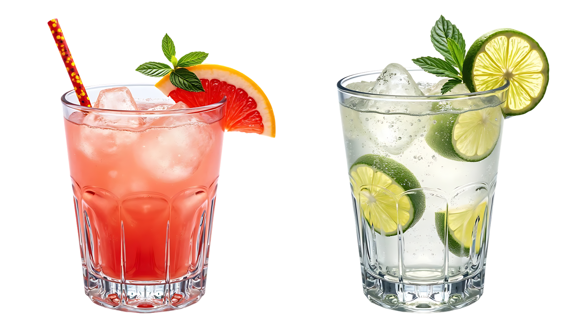Deux verres de boissons fraîches avec des glaçons, garnis de menthe et de tranches d'agrumes, isolés sur un fond blanc.
