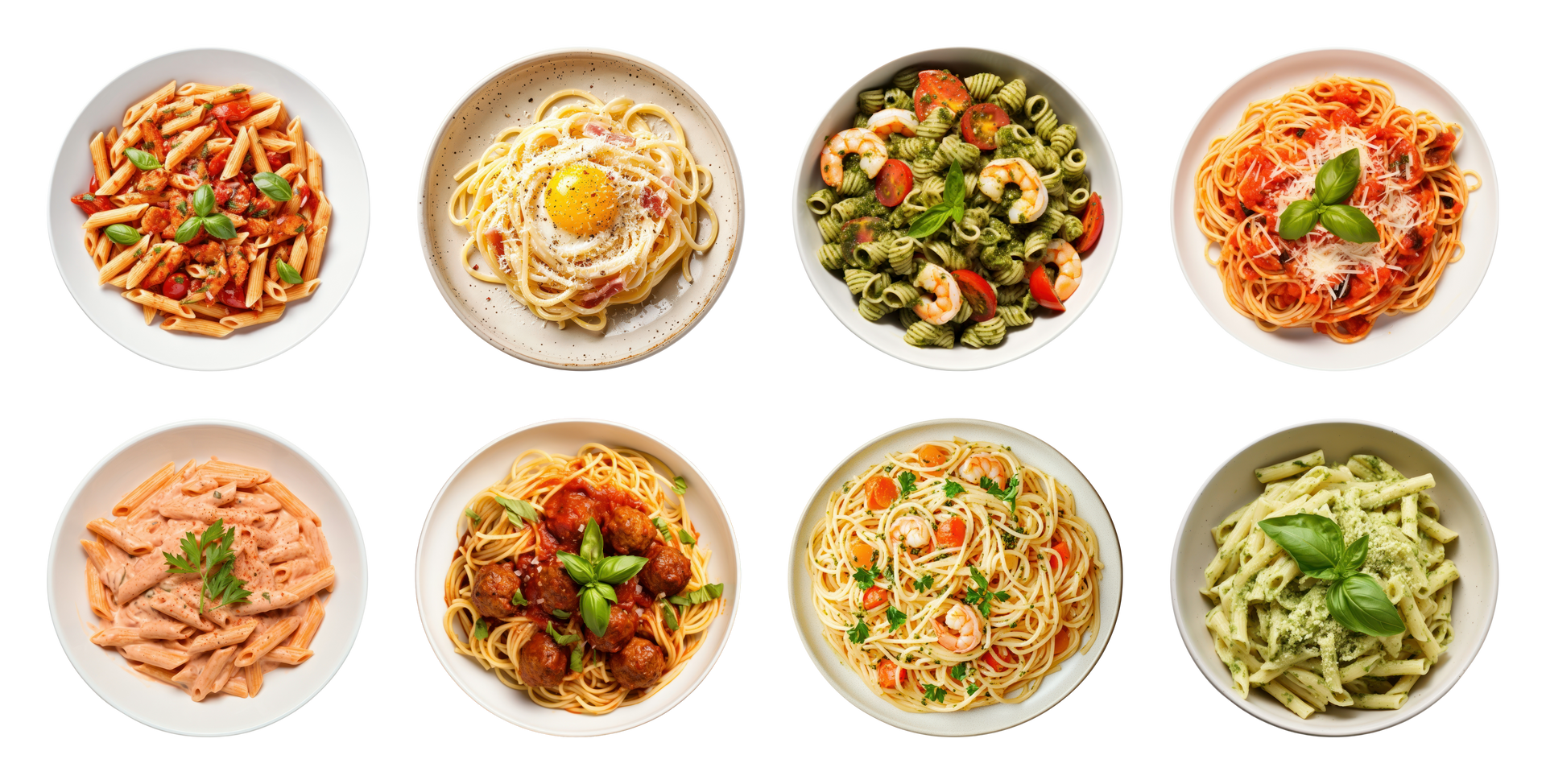 Huit bols de pâtes différentes, dont sauce tomate, pesto, boulettes de viande et carbonara, disposés sur deux rangées.