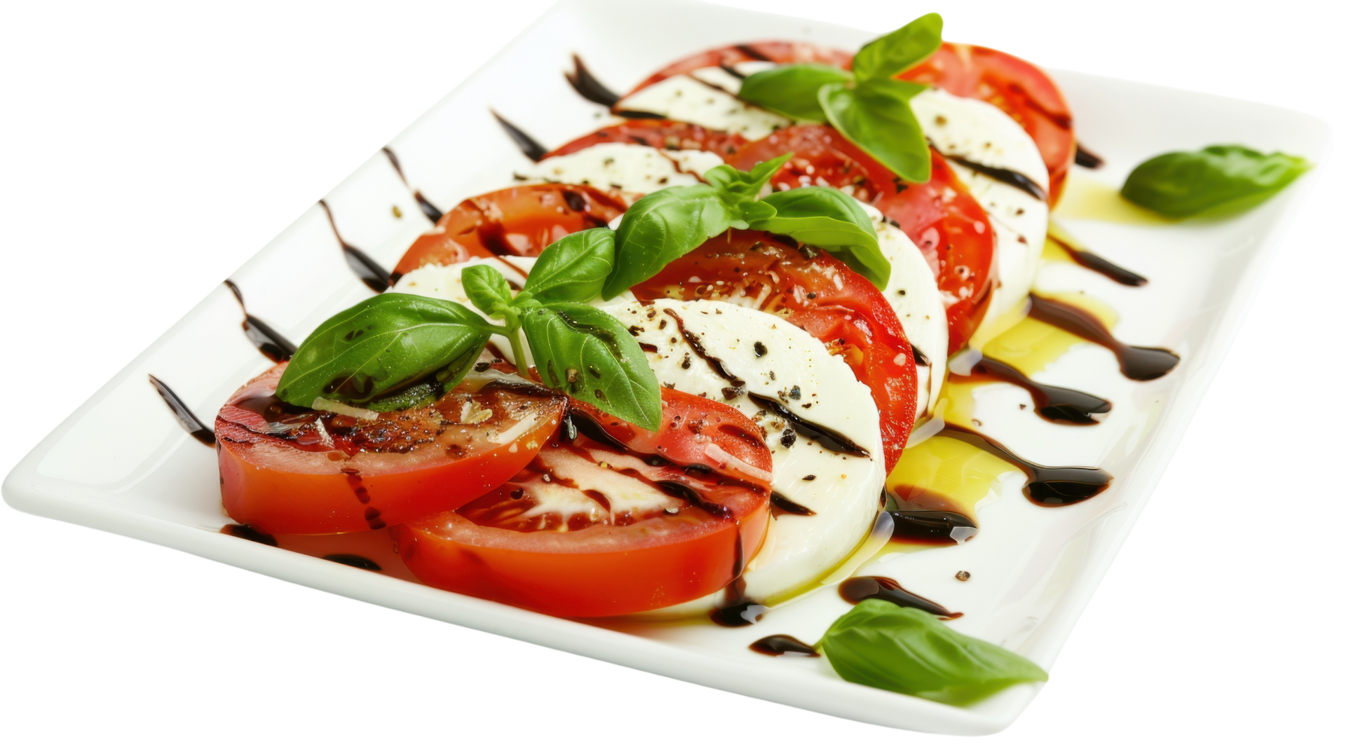Salade Caprese avec des tomates tranchées, de la mozzarella fraîche et du basilic, arrosée d'un filet de glaçage balsamique, servie sur une assiette rectangulaire blanche.