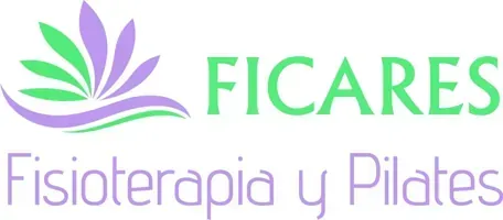 Logotipo de Ficares: dise&ntilde;o floral abstracto verde y morado y texto "Ficares Fisioterapia y Pilates".