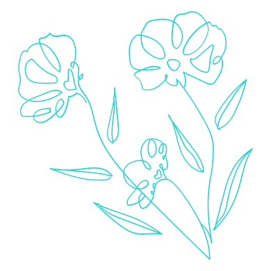 Un dibujo lineal de dos flores y hojas sobre un fondo blanco.