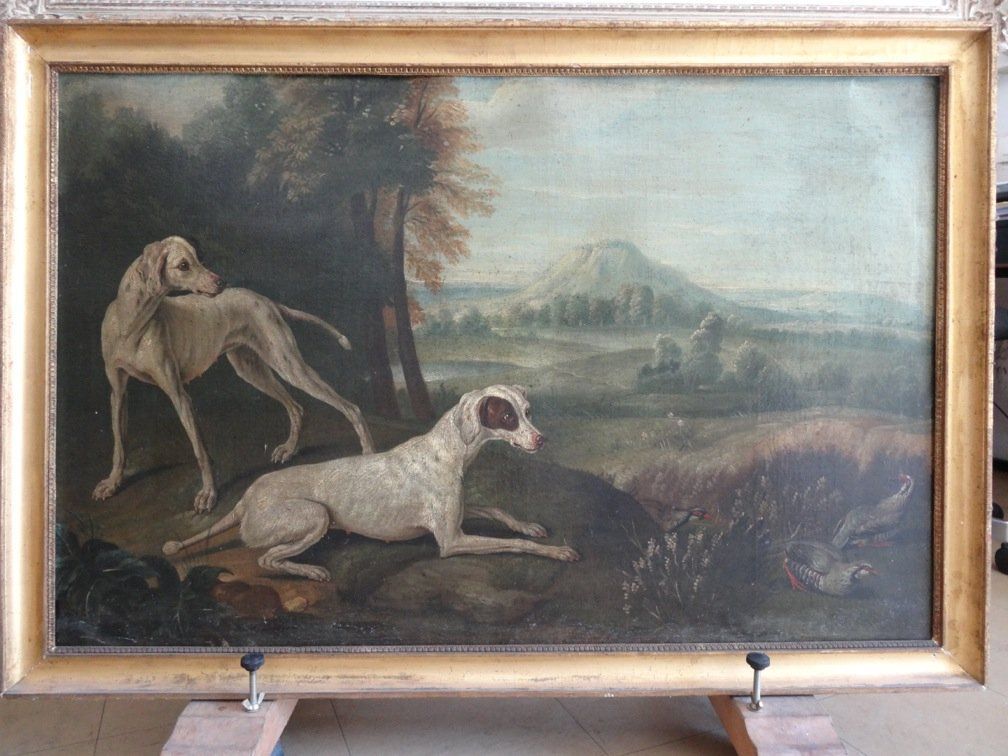 Restauration d'une peinture de chasse avant