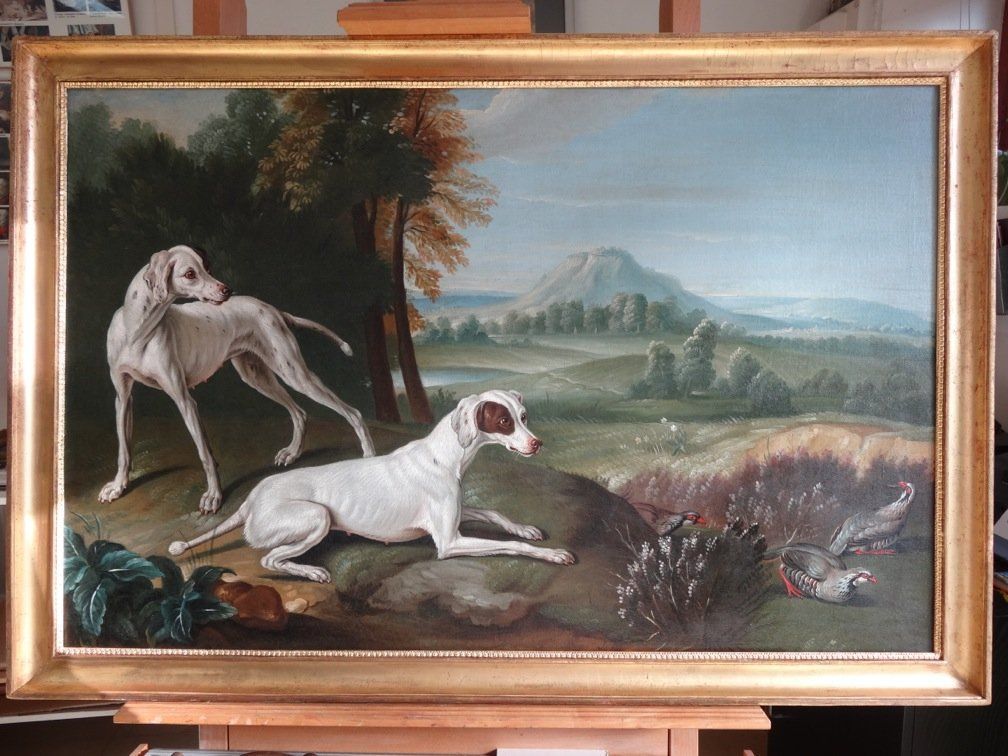 Restauration d'une peinture de chasse après