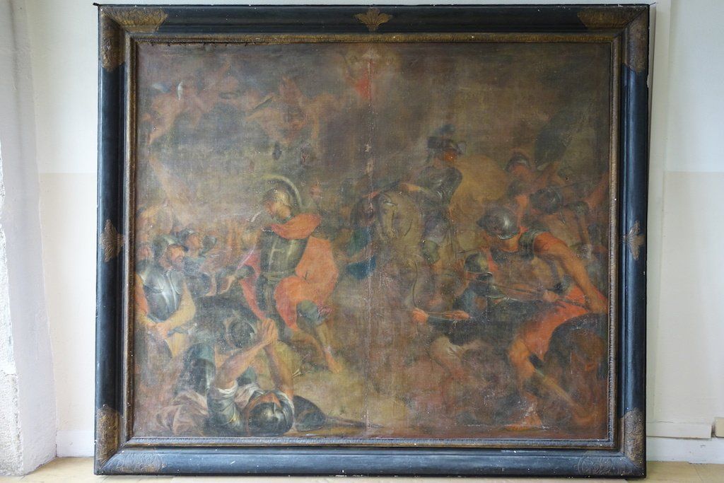 Restauration d'une peinture de bataille avant