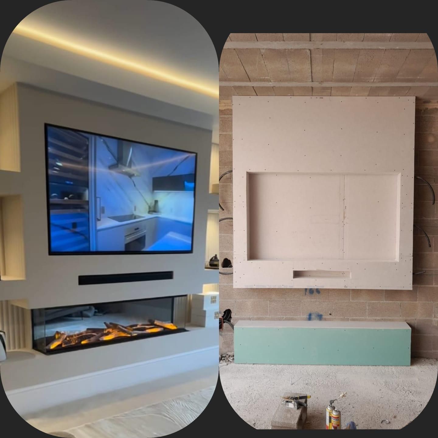 Comparación lado a lado de un mueble de pared terminado con televisor y chimenea