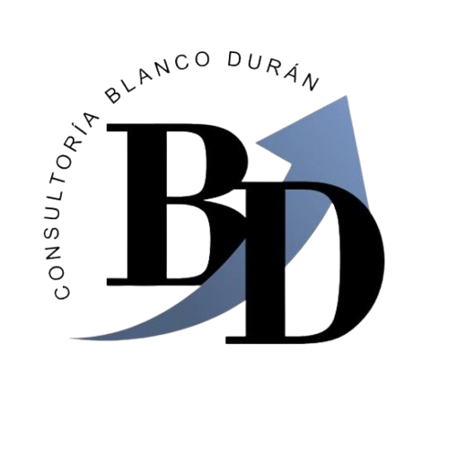 Un logotipo para Consultoría Blanco Duran con una flecha azul.