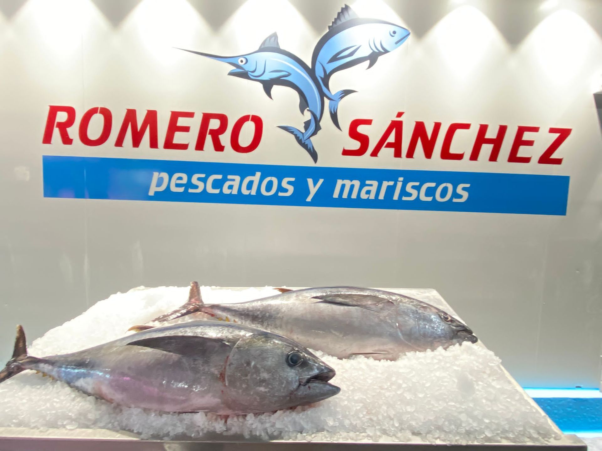 Dos peces en hielo frente a un cartel de Romero Sánchez