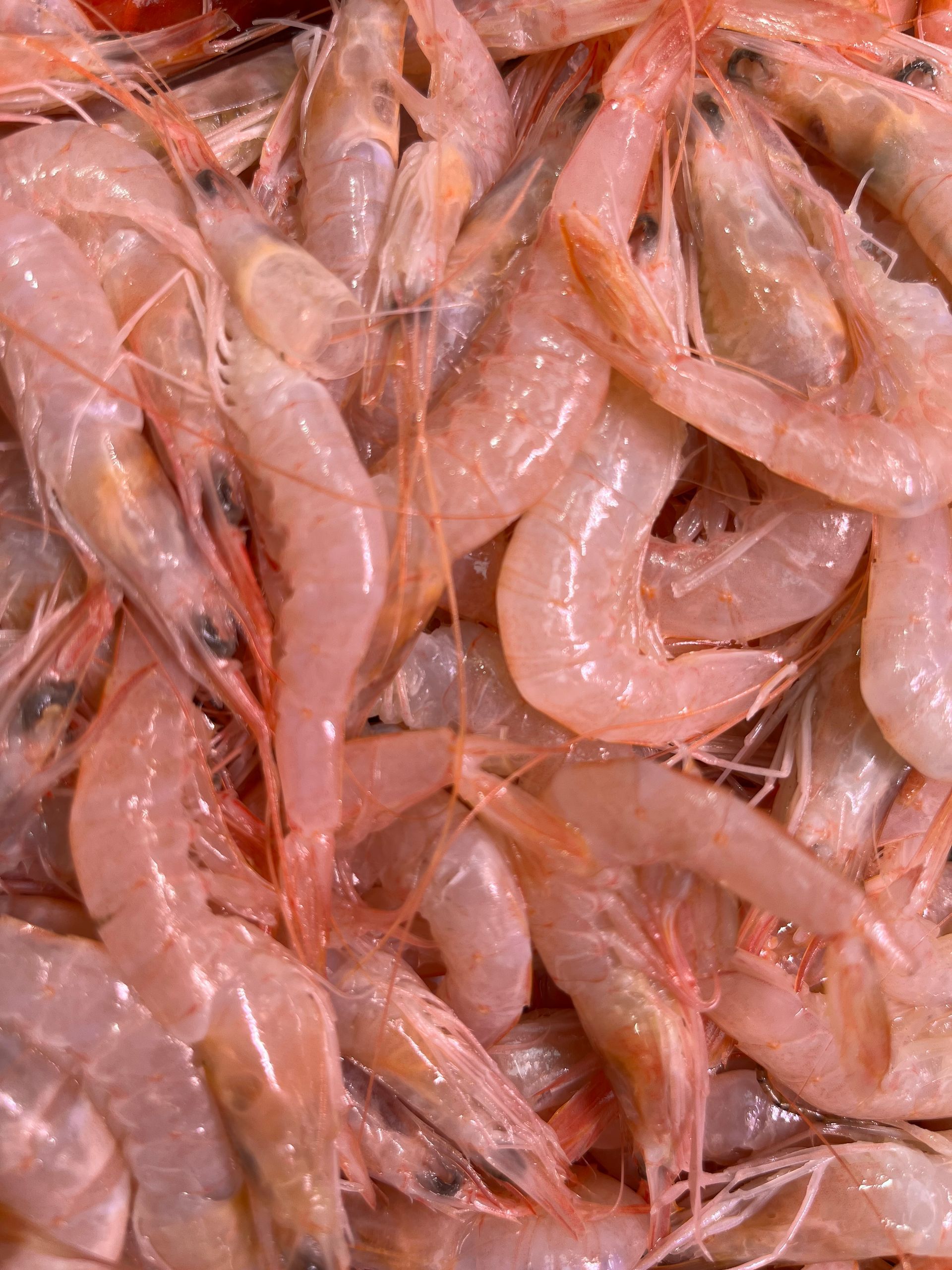 Un primer plano de una pila de camarones sobre una mesa.