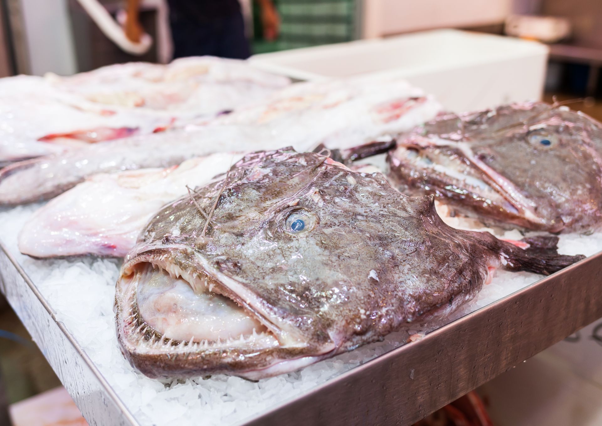 Un primer plano de un pescado en hielo sobre una mesa.