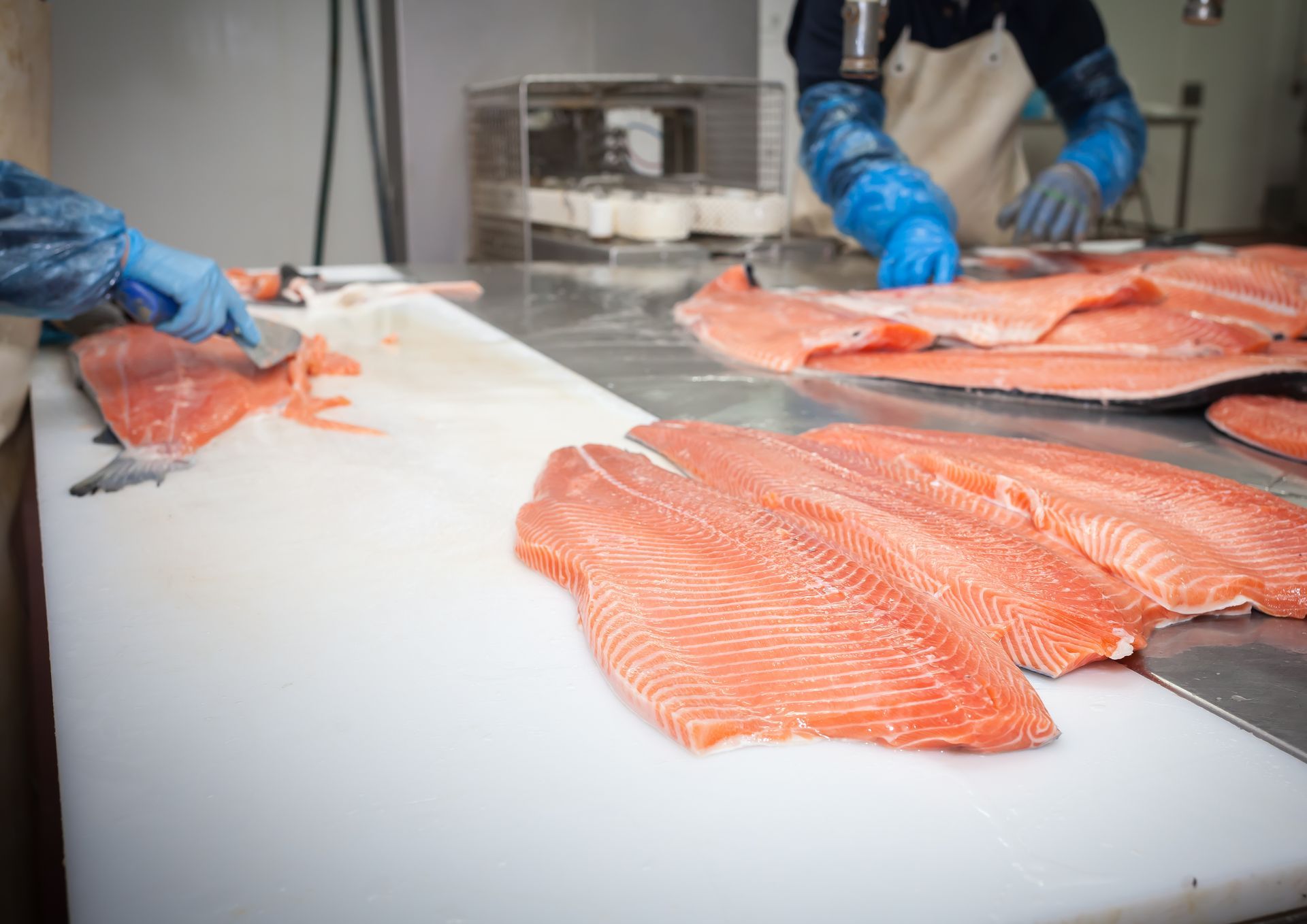 Dos personas están cortando salmón en una tabla de cortar en una fábrica.