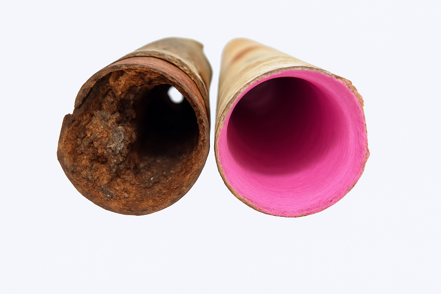 Comparaison d'un tuyau rouillé (à gauche) et d'un tuyau propre à revêtement rose (à droite).