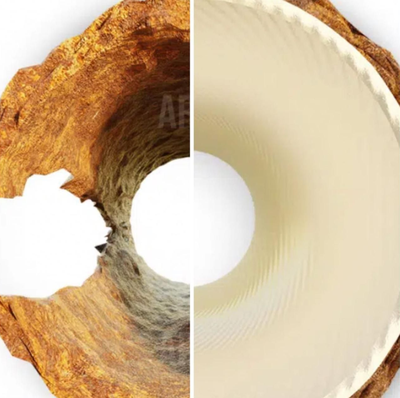 Vue en deux d'une canalisation. La partie gauche montre une écorce altérée ; la partie droite révèle un intérieur lisse.
