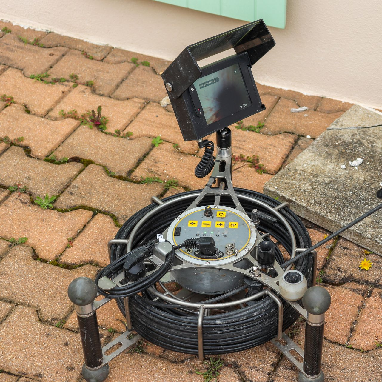 Caméra d'inspection des égouts sur une terrasse en briques. Câble noir enroulé autour d'une unité centrale.