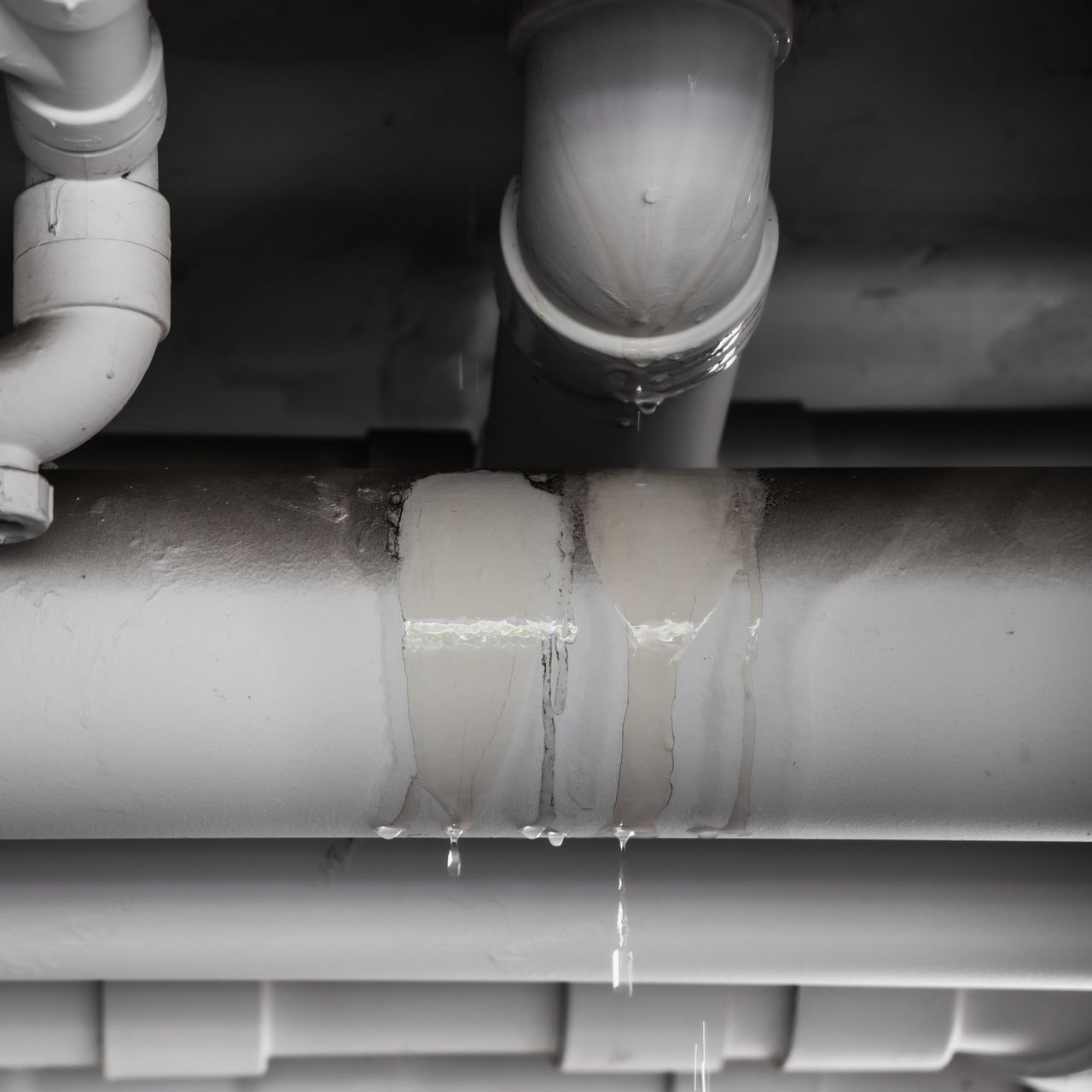 Fuite de tuyaux blancs d'où s'écoule de l'eau. Plafond gris et autres tuyaux en arrière-plan.