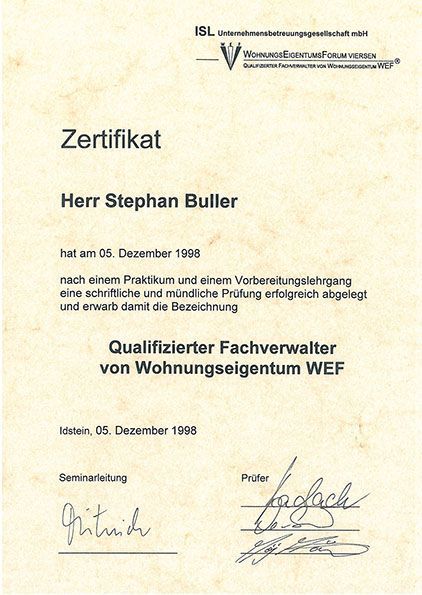 Zertifikat Stephan Buller Fachverwalter von Wohnungseigentum