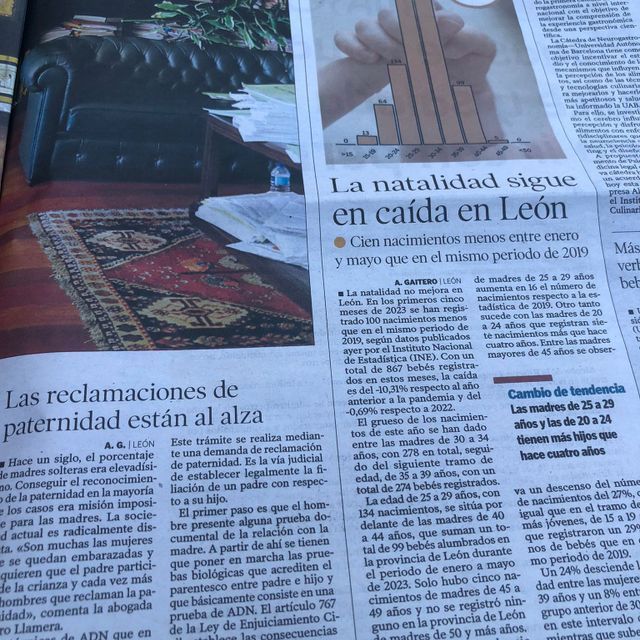 A newspaper article titled la natalidad sigue en caida en leon