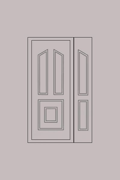 Una puerta blanca con dos ventanas verdes sobre un fondo gris.