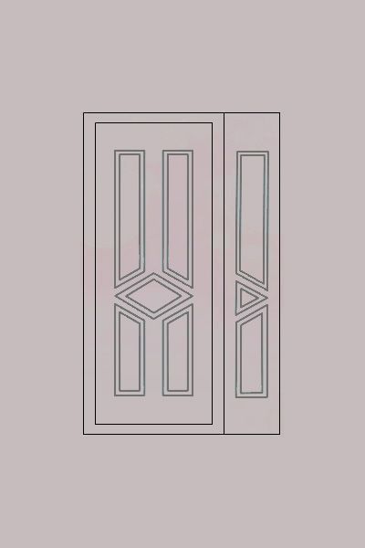 Una puerta blanca con tres ventanas sobre un fondo gris.