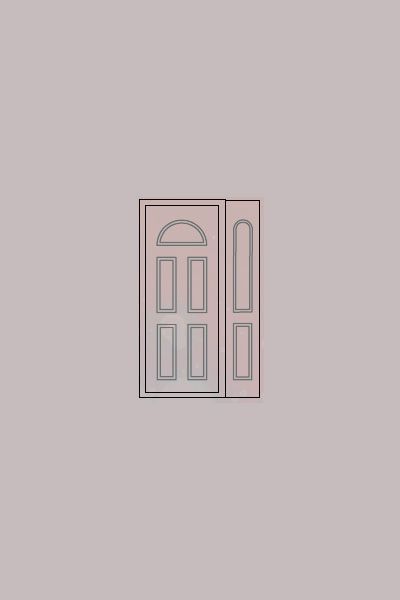 Una puerta blanca con un arco verde y dos cuadrados.