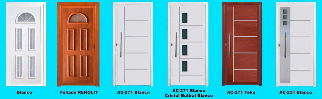 Una fila de diferentes tipos de puertas sobre un fondo azul.