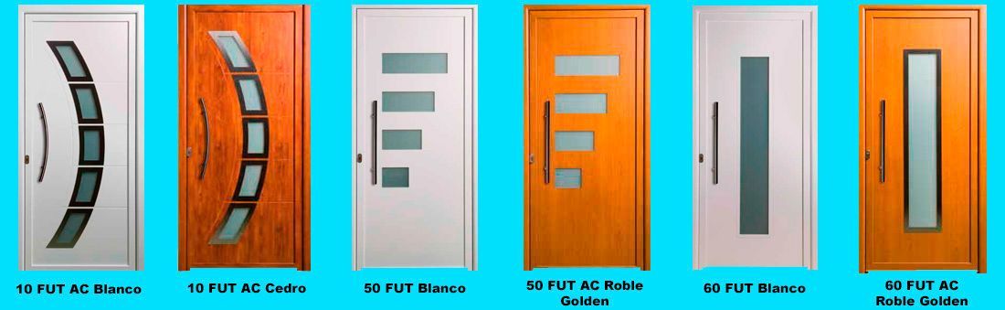 Una fila de diferentes tipos de puertas sobre un fondo azul.