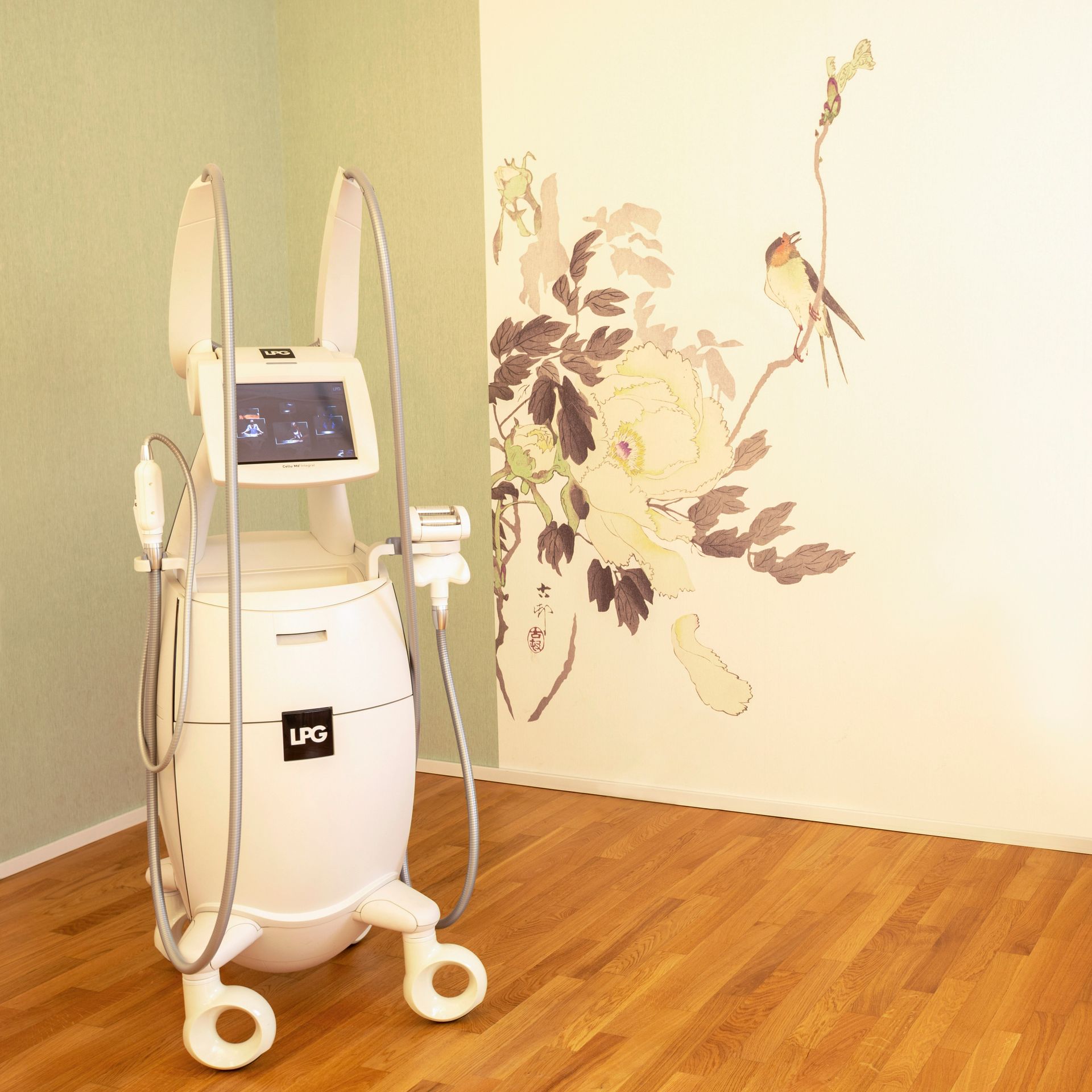 Zimmer mit medizinischer Ausrüstung und einer Behandlungsliege. Weisse und grüne Wände, Holzboden und Fenster.