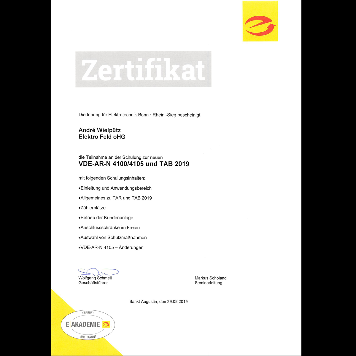 Ein gelb-weißes Zertifikat mit dem Wort „Zertifikat“ darauf
