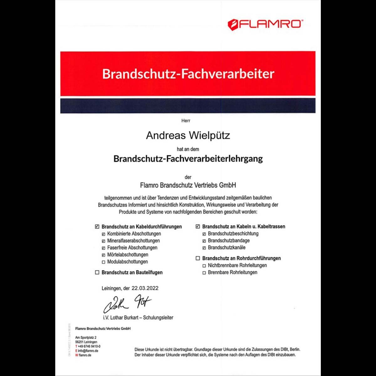 A certificate that says brandschutz-fachverarbeiter on it