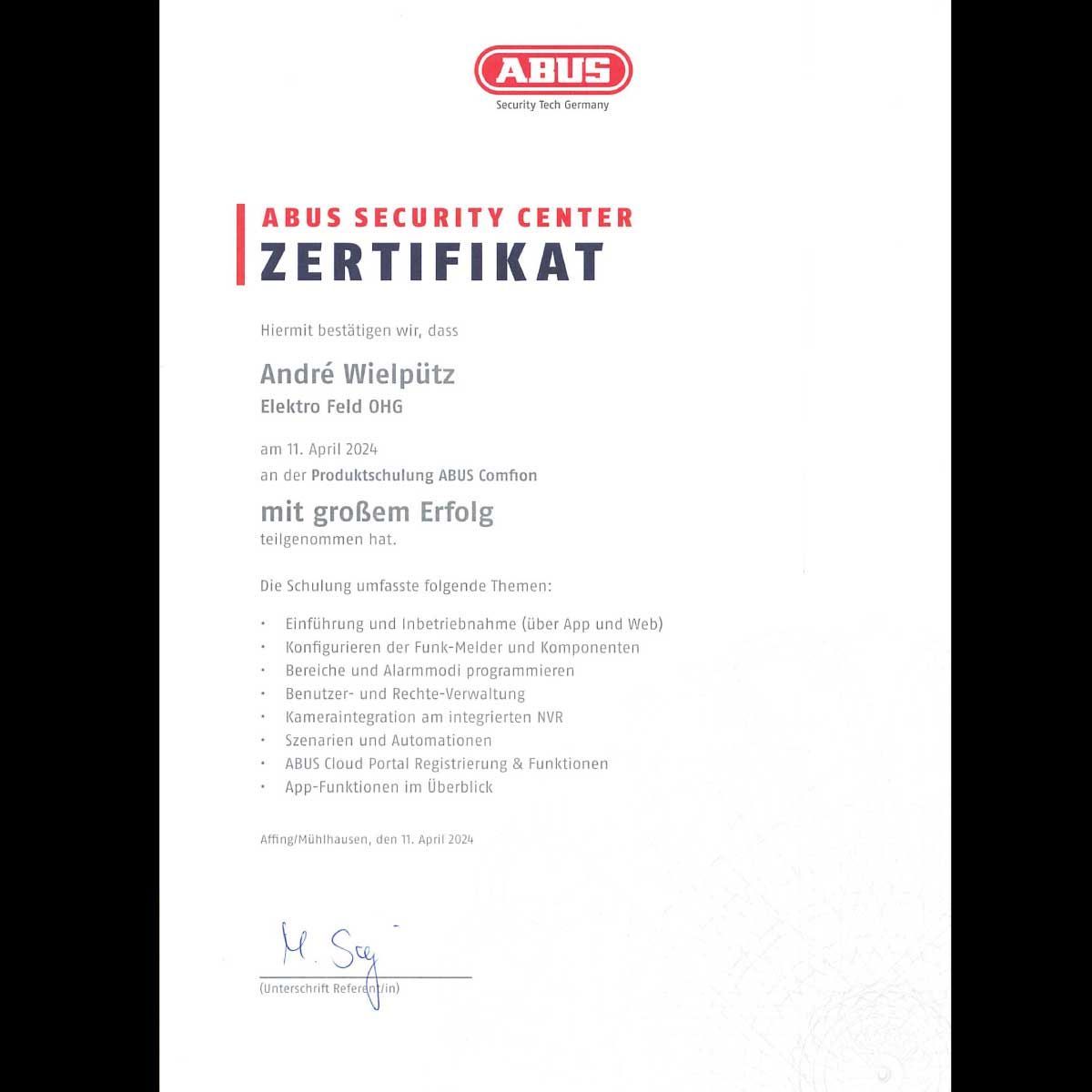 Ein ABUS Security Center Zertifikat mit Unterschrift