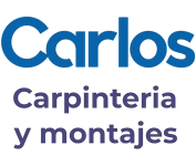 Carlos logo: Blue text "Carlos" over purple text "Carpinteria y montajes".