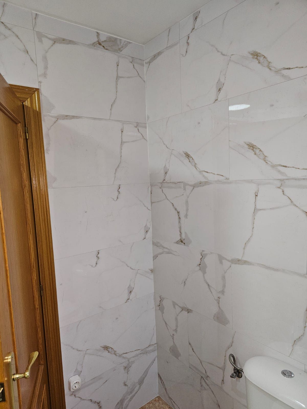 Pared de baño revestida con aspecto de mármol blanco, con una puerta de color claro a la izquierda y una base de inodoro blanca a la derecha.