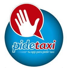 Un logotipo para pidetaxi con una mano en un bocadillo de diálogo.