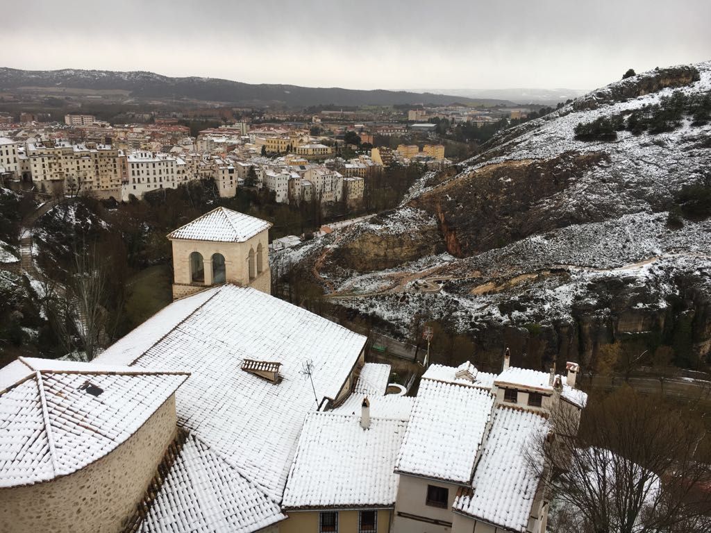 Un paisaje nevado con edificios y árboles en primer plano.