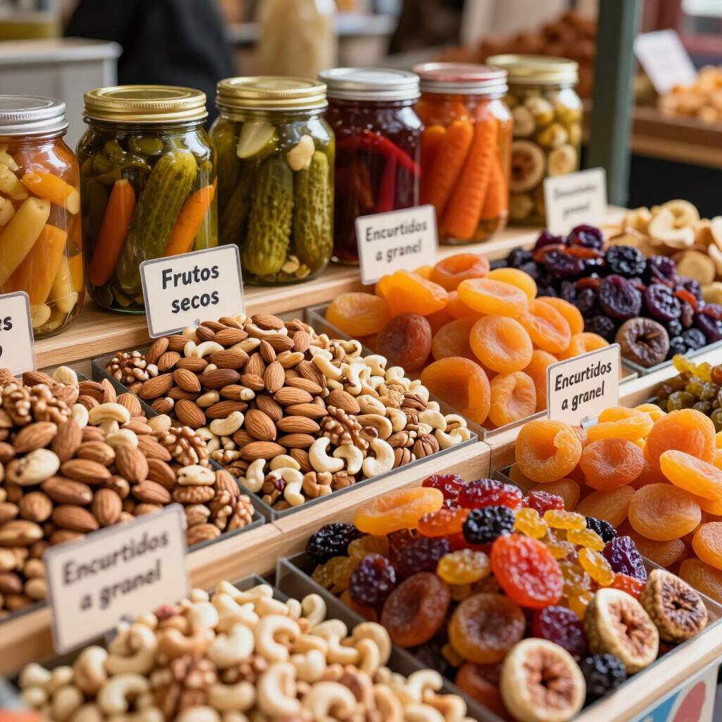 Puesto de mercado con frascos de encurtidos, frutos secos y frutas deshidratadas de colores, etiquetados en español.