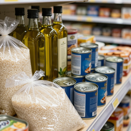 Estantería de supermercado con bolsas de arroz, botellas de aceite y filas de alimentos enlatados.