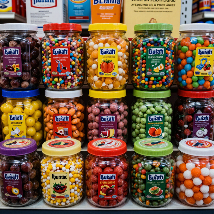 Frascos coloridos con caramelos o frutos secos surtidos apilados en estantes en el escaparate de una tienda.