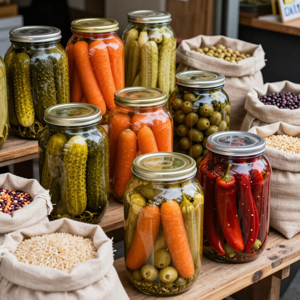 Variedad de verduras encurtidas en frascos de vidrio sobre una mesa de madera, con cuencos de especias y legumbres cerca.