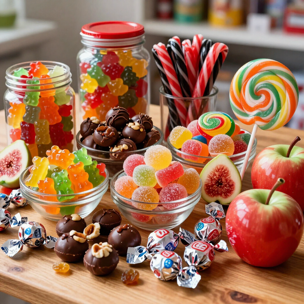 Surtido de caramelos de colores, piruletas, manzanas y dulces de chocolate dispuestos sobre una mesa de madera.