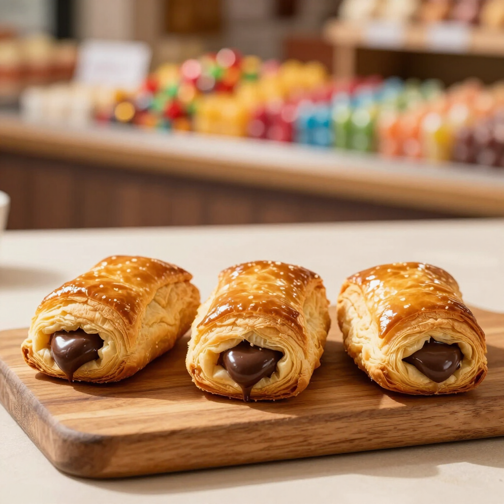 Tres pasteles rellenos de chocolate sobre una tabla de madera, con el mostrador de una cafetería borroso al fondo.