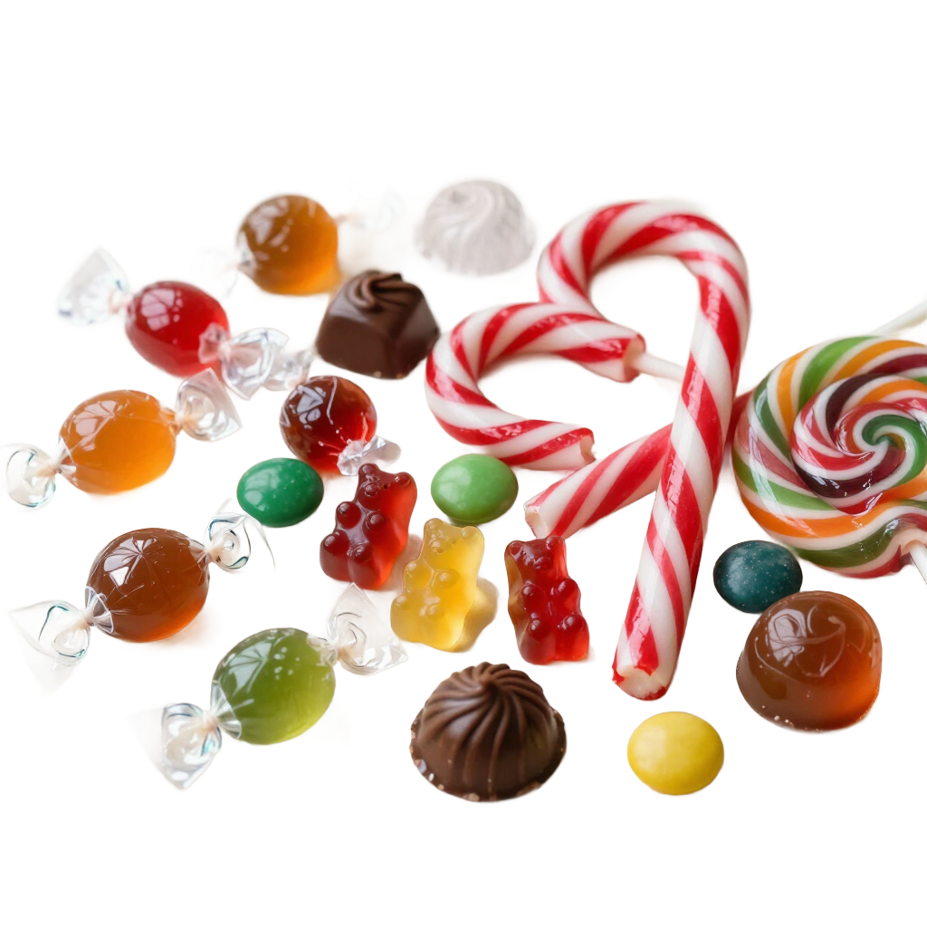 Surtido de caramelos coloridos, incluyendo bastones de caramelo, piruletas y dulces envueltos sobre un fondo blanco.