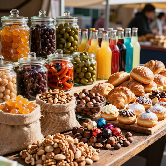 Puesto de mercado con frascos