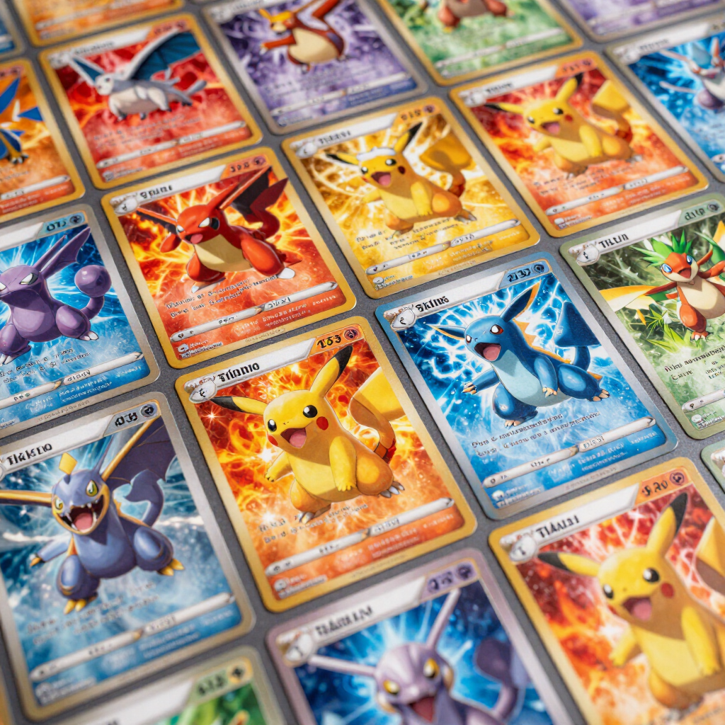 Colección de coloridas cartas coleccionables de Pokémon, con Pikachu y otros personajes, sobre una mesa.