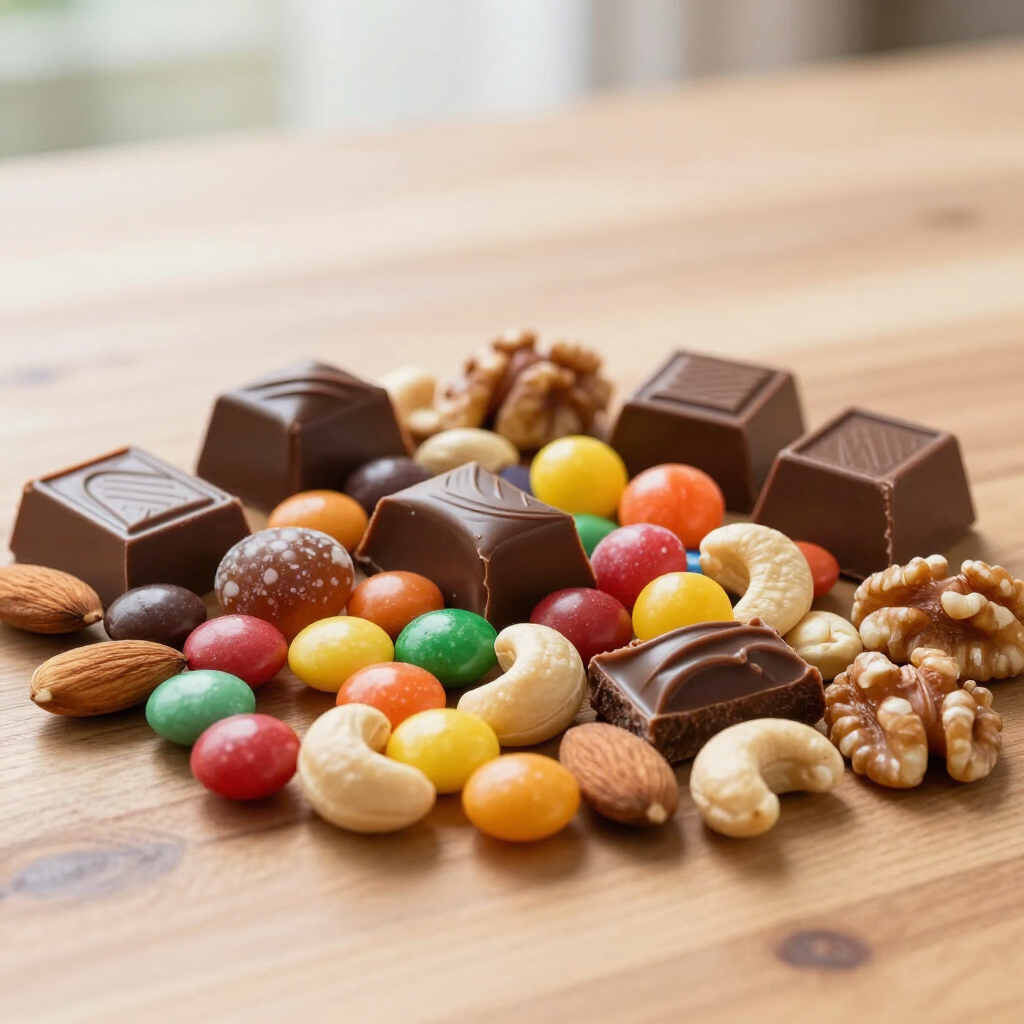 Variedad de chocolates, frutos secos y caramelos de colores esparcidos sobre una mesa de madera.